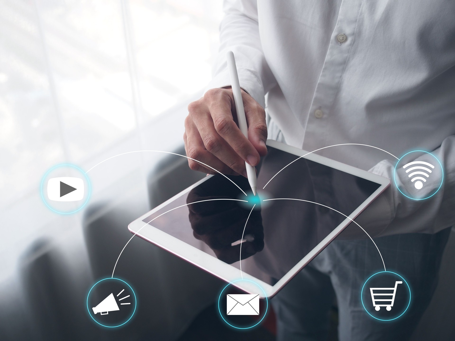 Business man using tablet for online marketing concept.
